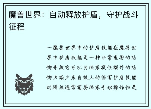 魔兽世界：自动释放护盾，守护战斗征程
